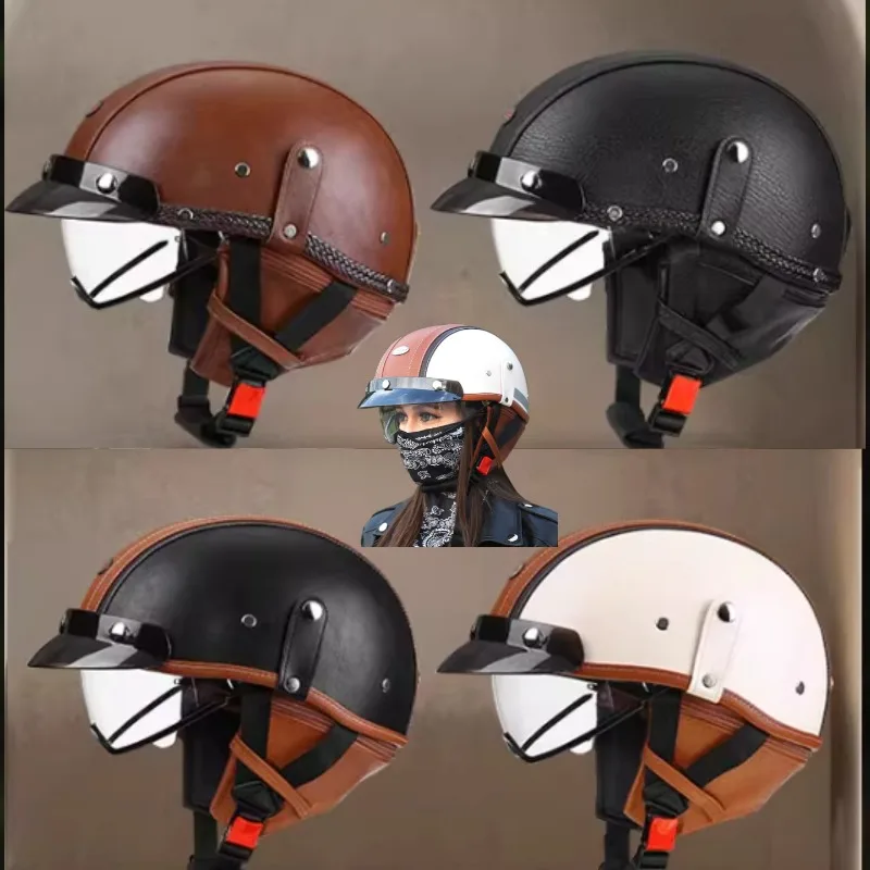 

Мотоциклетные шлемы, кожаный низкопрофильный полушлем со встроенным козырьком для мужчин и женщин, чоппер, байкерский пилотный полушлем, Лидер продаж, лето