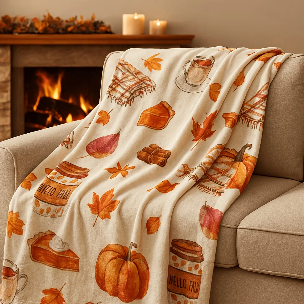 1pc, Autumn Pumpkin And Maple Leaf Pattern Flannel Blanket, Soft And Comfortable, Single-Sided Print, Suitable for Sofa And Camp