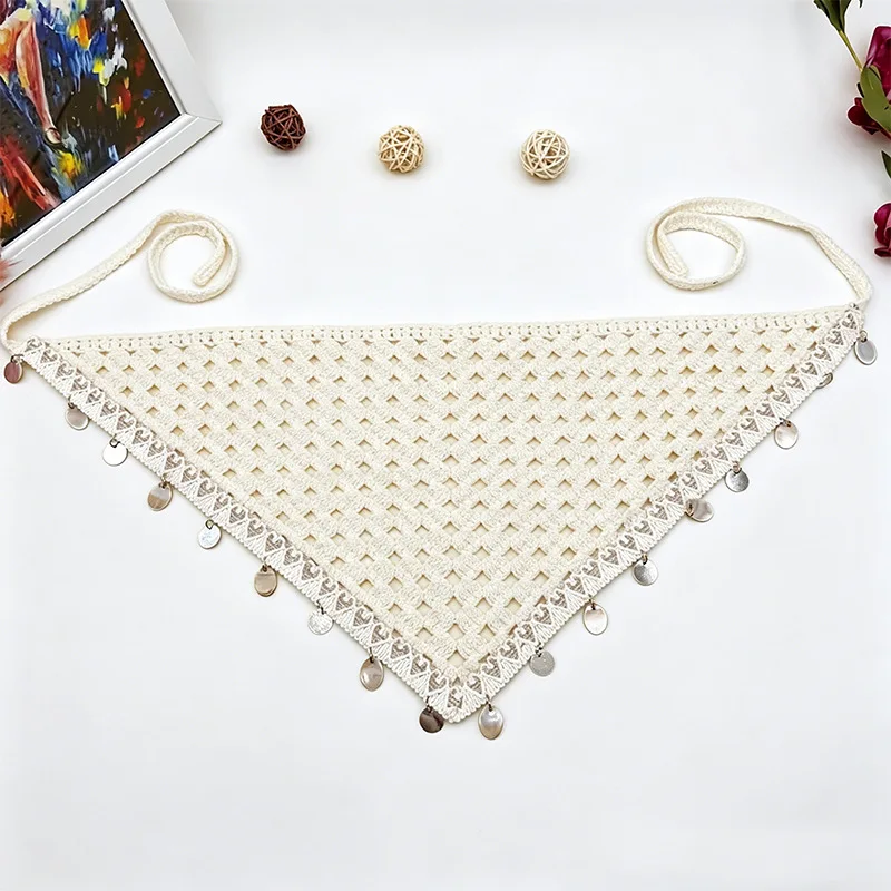 2PCS Girls Hollow Out Boho Beige Crochet Bandana Headband with Shell Starfish Tassel Fringe Edge Beach Holiday Head Wrap view 5