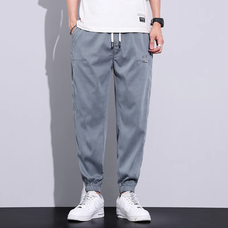 2023 Summer Lyocell Fabric Men's Jeans Thin Ankle Length Casual Pants Korea Elastic Waist Sport Trousers Black Grey M-5XL