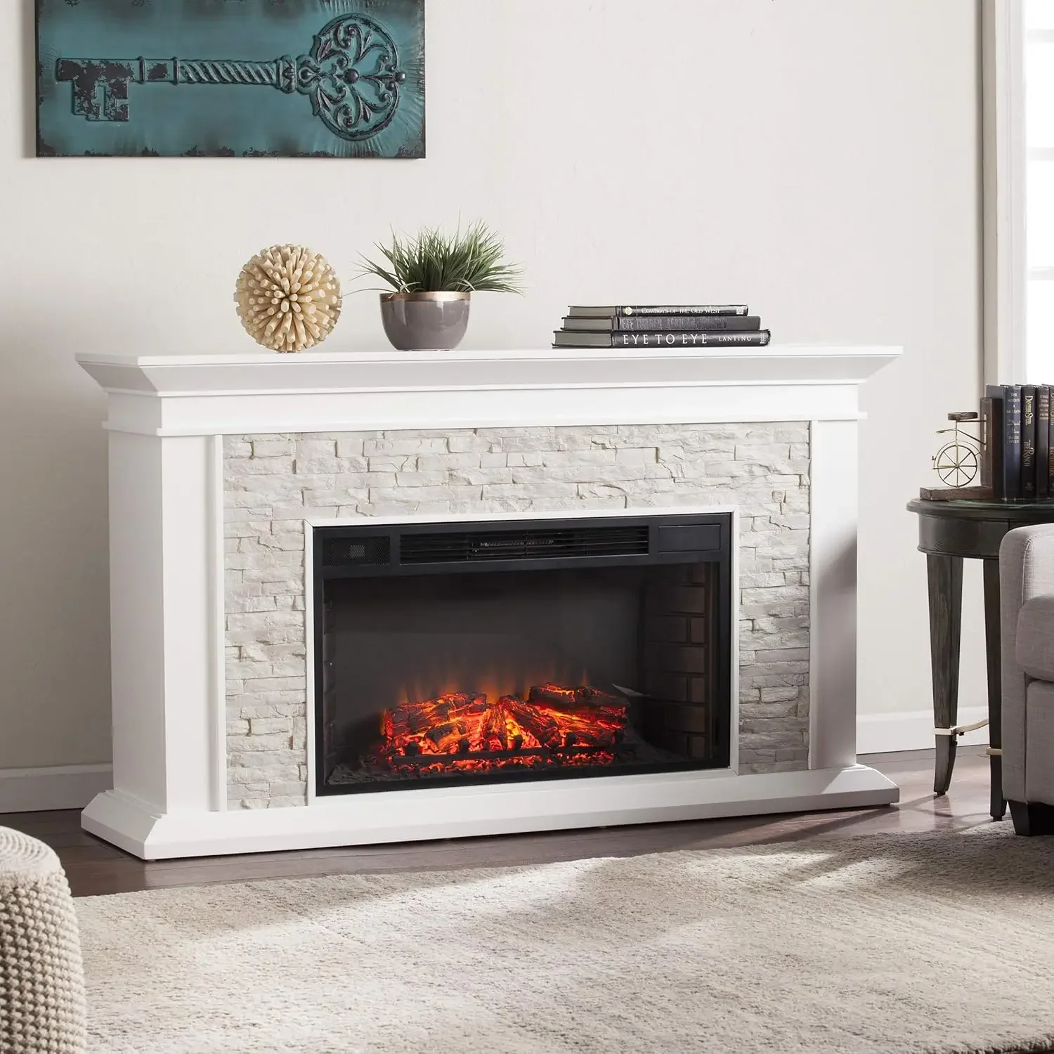 Furniture Canyon Heights Faux Stacked Stone Electric Fireplace, White