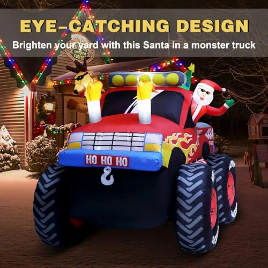 Outdoor Christmas inflatable Santa in monster truck theme, 8 FT tall, PVC material, red and white color, weather-resistant for