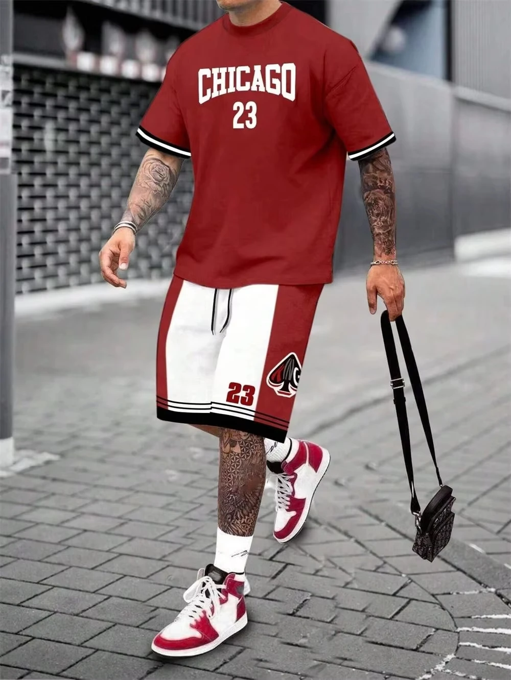 

European and American men's 3D fashionable digital printed T-shirt set a two-piece street breathable short sleeved set