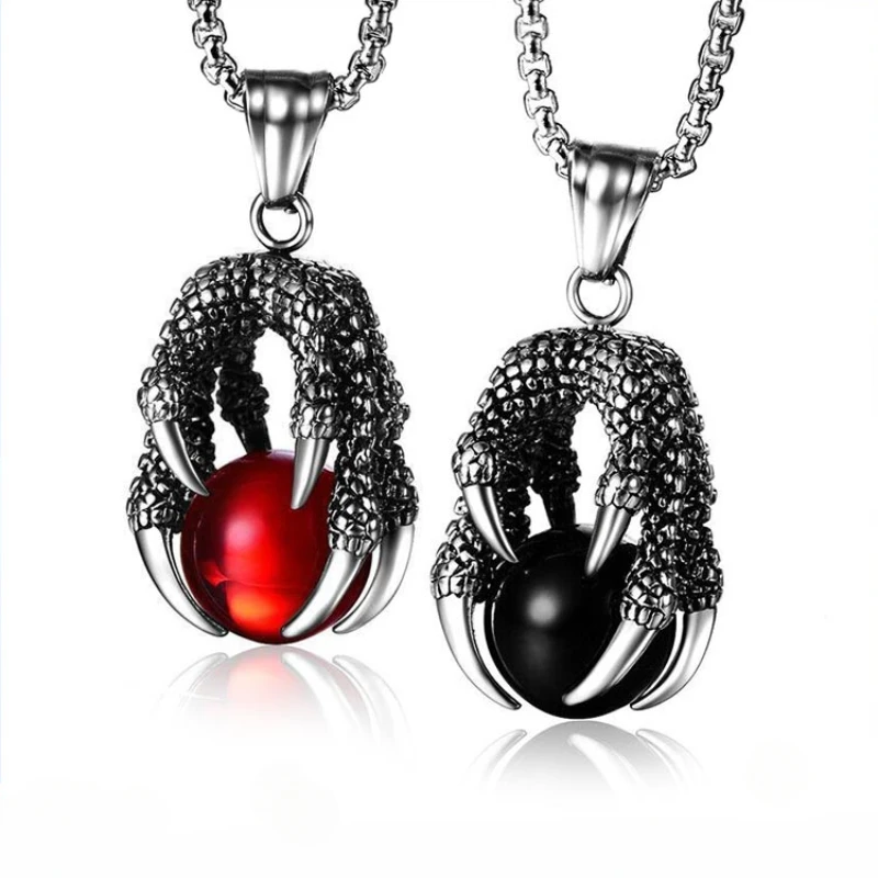 

CHUANGCHENG Vintage Men's Daenerys Dragon Claw Red or Black Ball Pendant Stainless Steel Necklace Chain Accessories