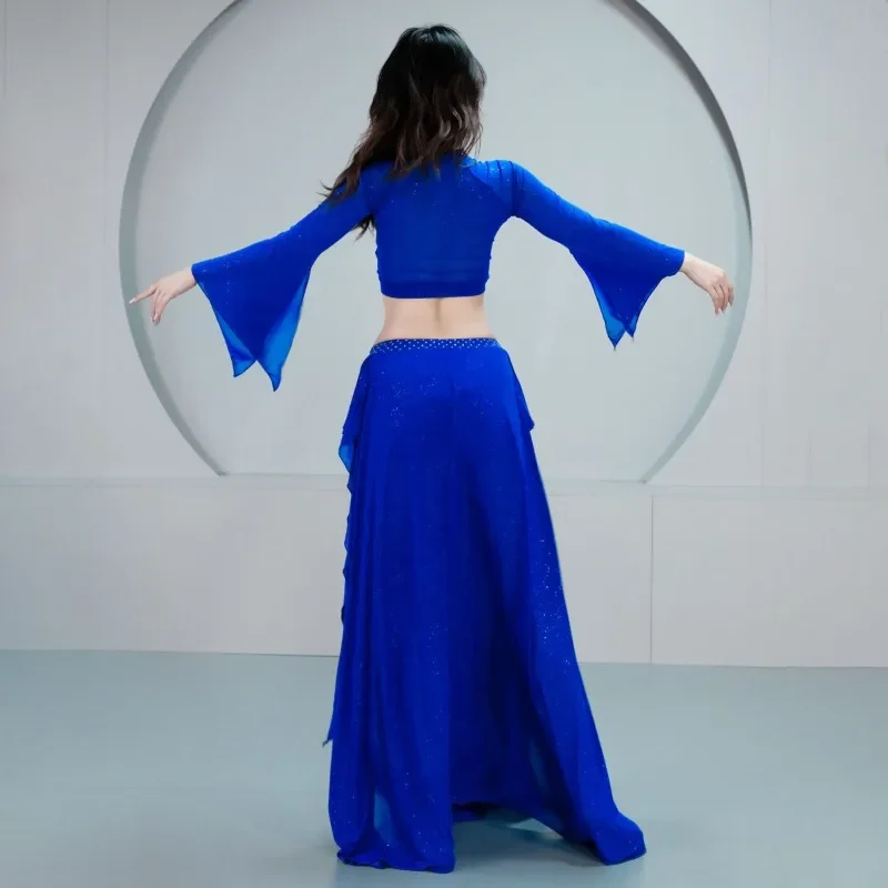 Costumes de danse du ventre personnalisés, nouvel ensemble, haut à manches longues, tenue d'entraînement, ruban de feuille de lotus, jupe longue fendue avec pantalon de sécurité, 2 pièces