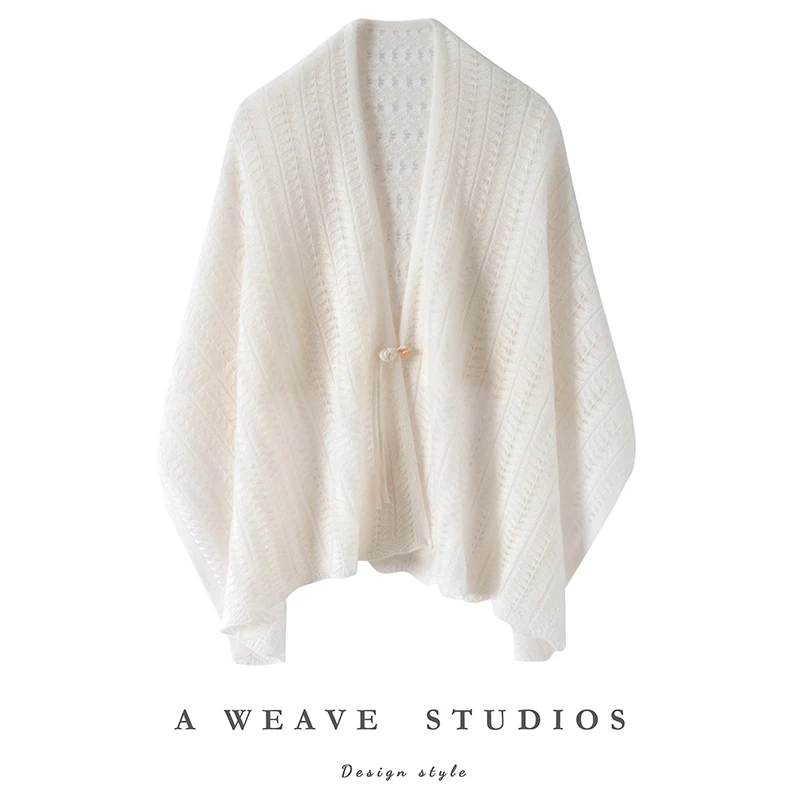 

Women Cashmere Sweater Scarf Hollow Out Cardigan Autumn Winter Twisted Flower Frog Button Shawl Thin Soft 100% Cashmere Knitwear