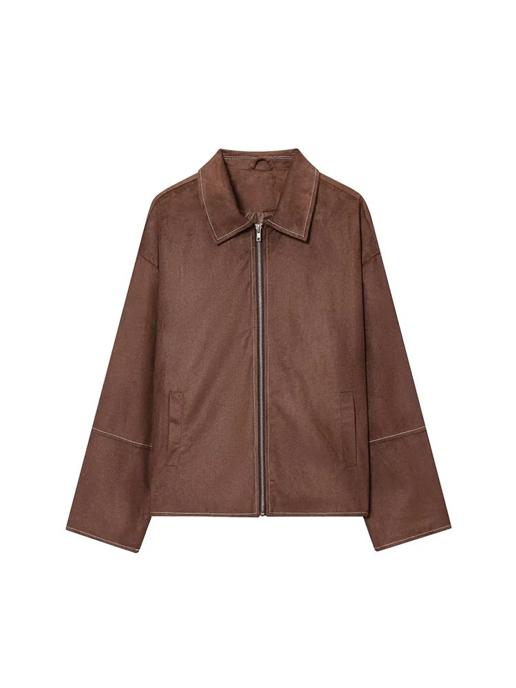 

European style new women's fashion versatile temperament solid color long sleeve zipper loose deerskin jacket