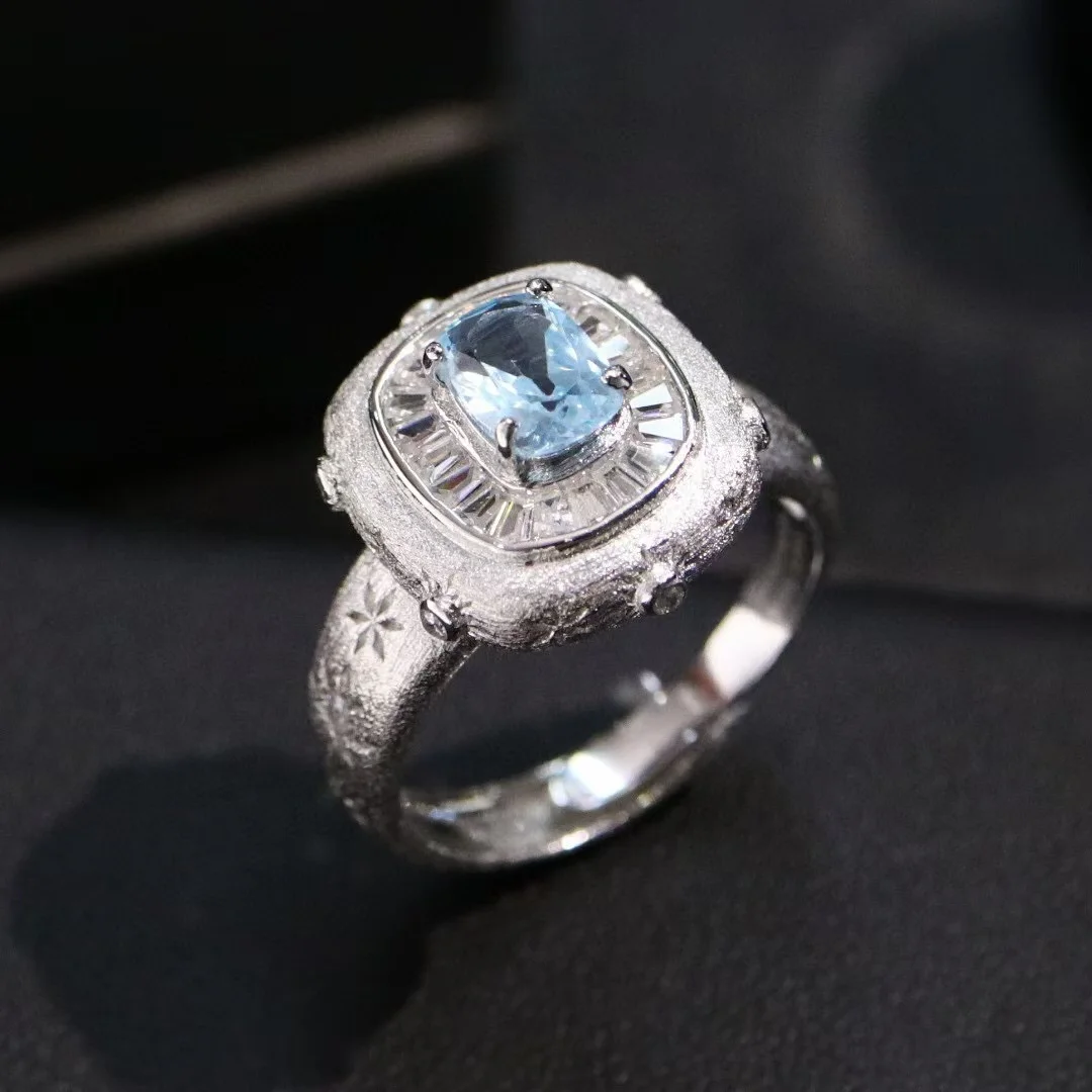 

Certificated Byzantium Original 925 Silver Natural Topaz Geometric Finger Band Genuine Blue Gemstone Cocktail Party Ring Jewelry