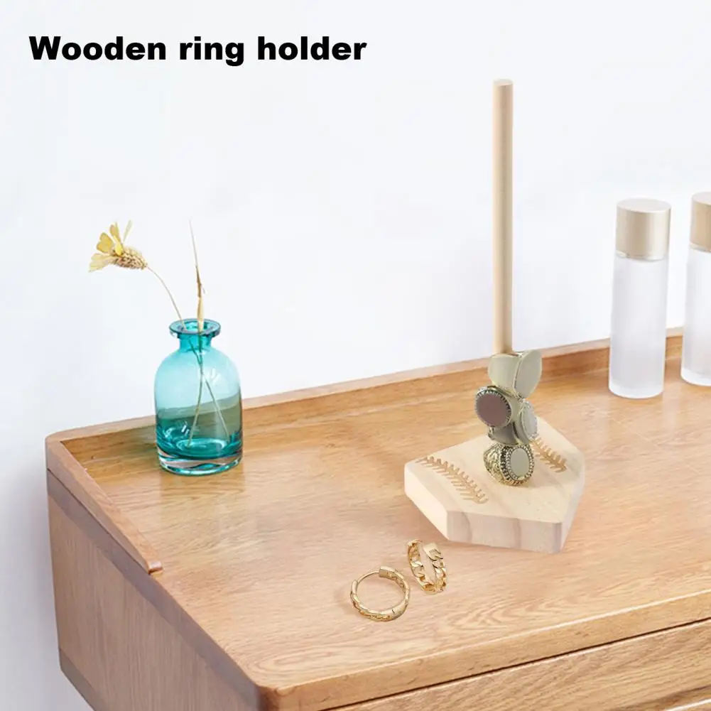 Wood Ring Stand Baseball Texture Carved Wooden Ring Holder with Detachable Base for Championship Rings Capacity Jewelry