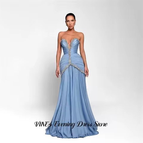 VINES Dusty Blue Evening Dress V Neck Trumpet Prom Dresses Draped Chiffon Party Formal Gown with Crystal Gala Dress Customized