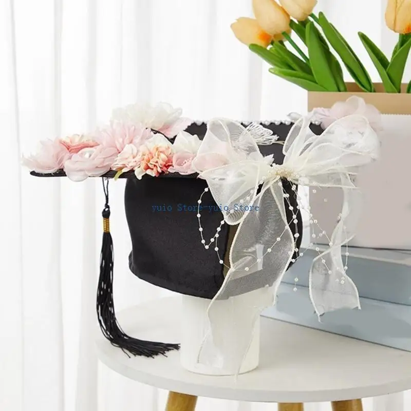 X7XB Teens Academic Hat with Flower for Academies Souvenirs Caps for Graduation Ornaments Graduation Hat Headmaster Hat
