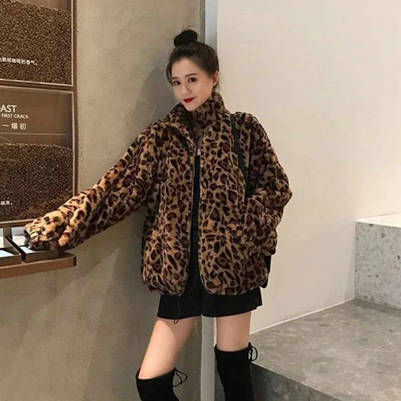 Imagem -03 - Cabolsa Felpudo com Estampa de Leopardo Feminino com Gola Alta Parkas Quentes Outwear Coreano Cabolsas Soltos de Pele Sintética Moda Feminina Outono Inverno Novo