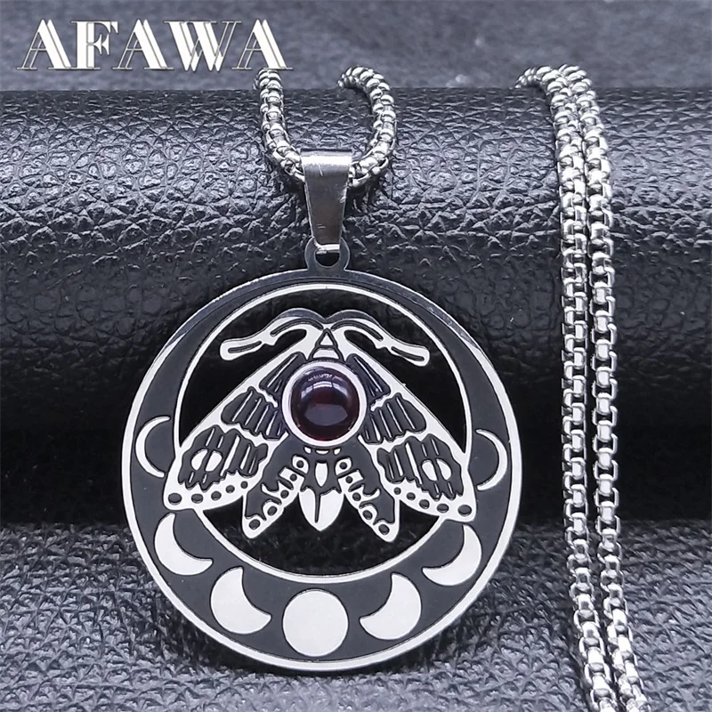 Witch Luna Moth Crescent Necklace for Women Men Stainless Steel Gothic Insect Moon Phase Chain Aesthetic Jewelry Colar 9623
