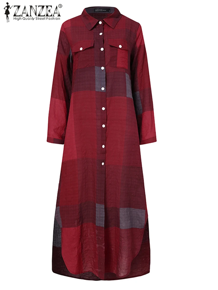 Autumn Elegant Women Maxi Shirt Dresses 2023 ZANZEA Vintage Ladies Long Sleeve Vestidos Casual Plaid Robe Longue