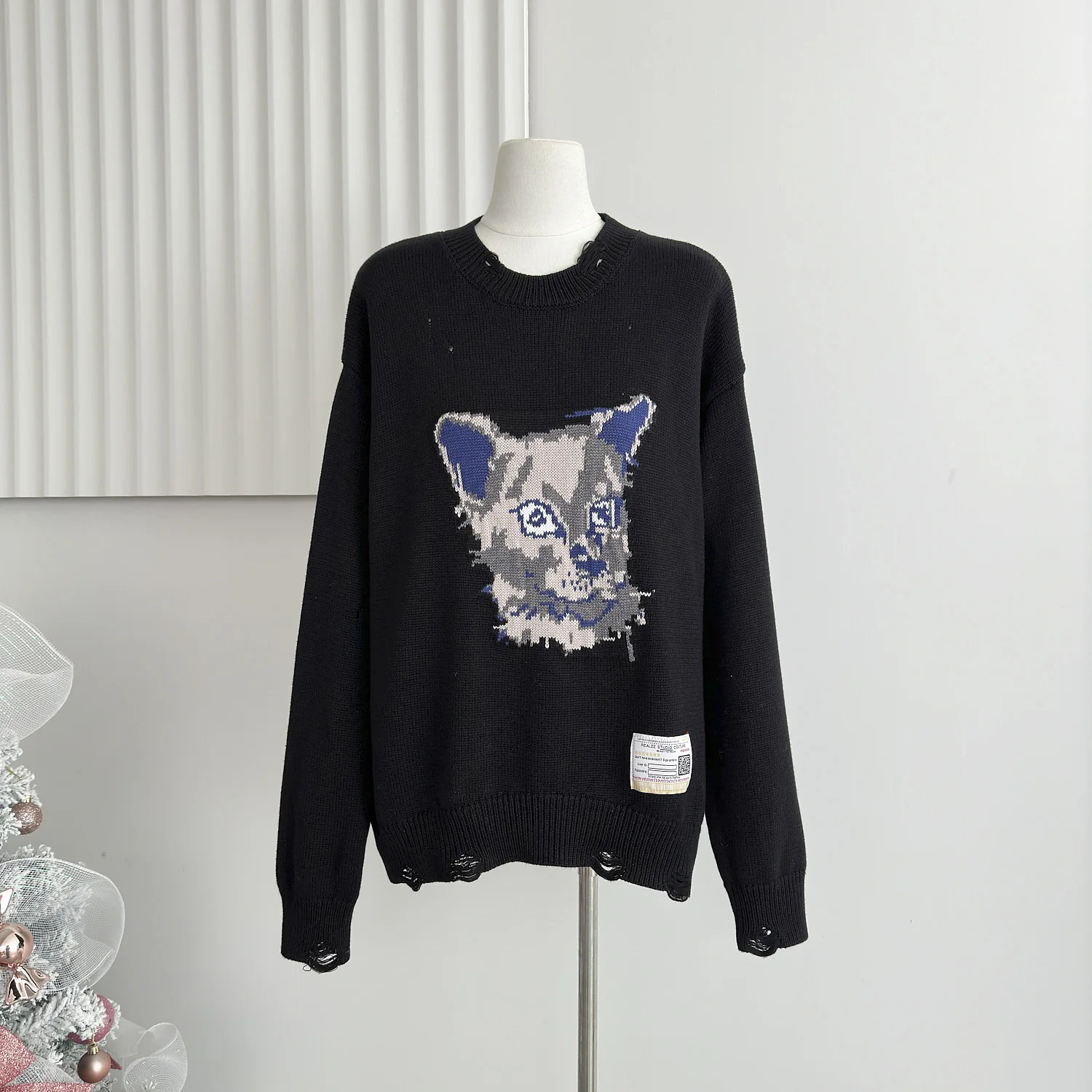 

Women's Black Cartoon Cat Pullover Round Neck Sweater American Pixel Style Street Autumn Winter Warm Long-Sleeved Knitted Top