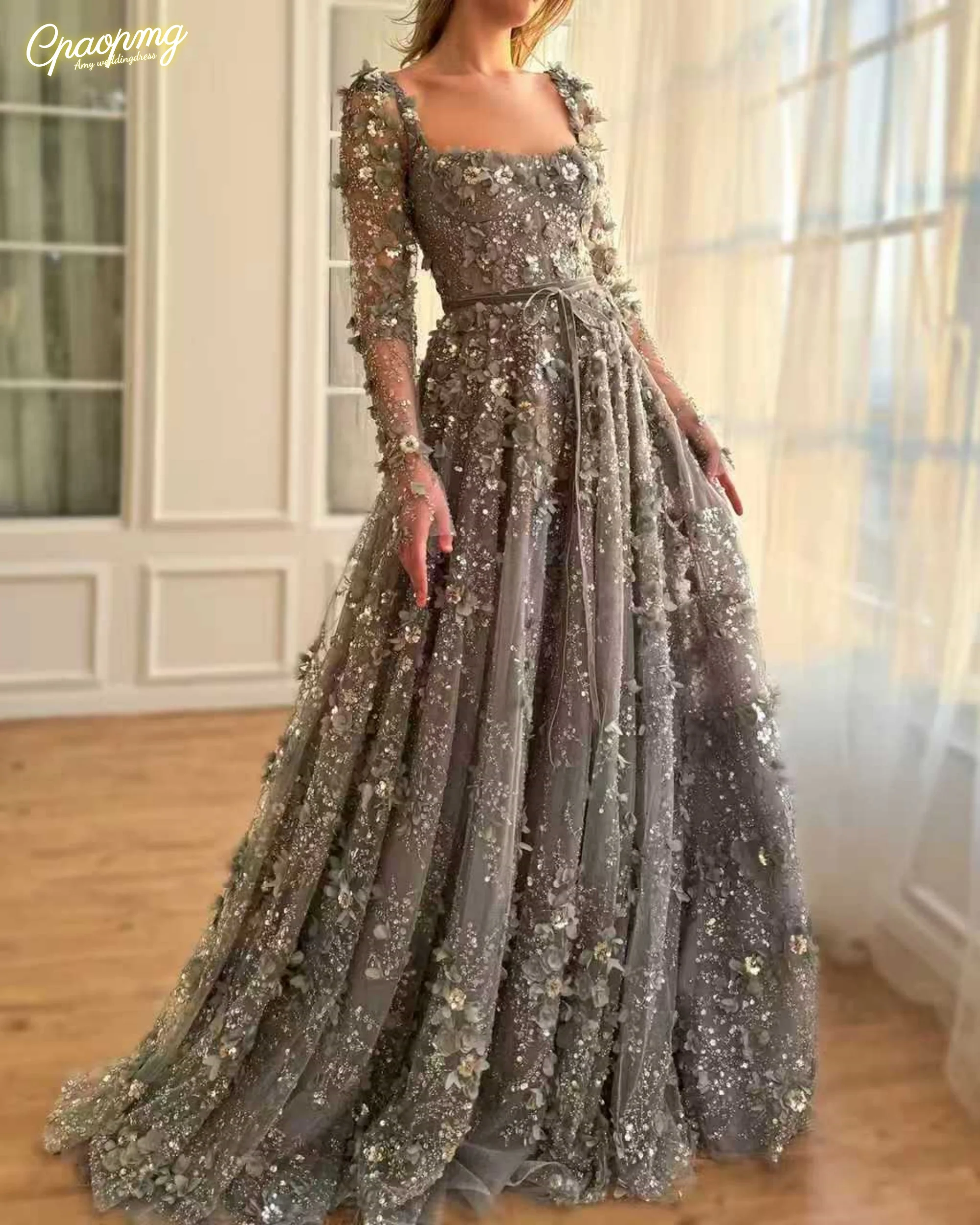 Personalizado de luxo 3d flor cinza mangas compridas vestidos de noite para festa de casamento feminino árabe a linha vestidos formais