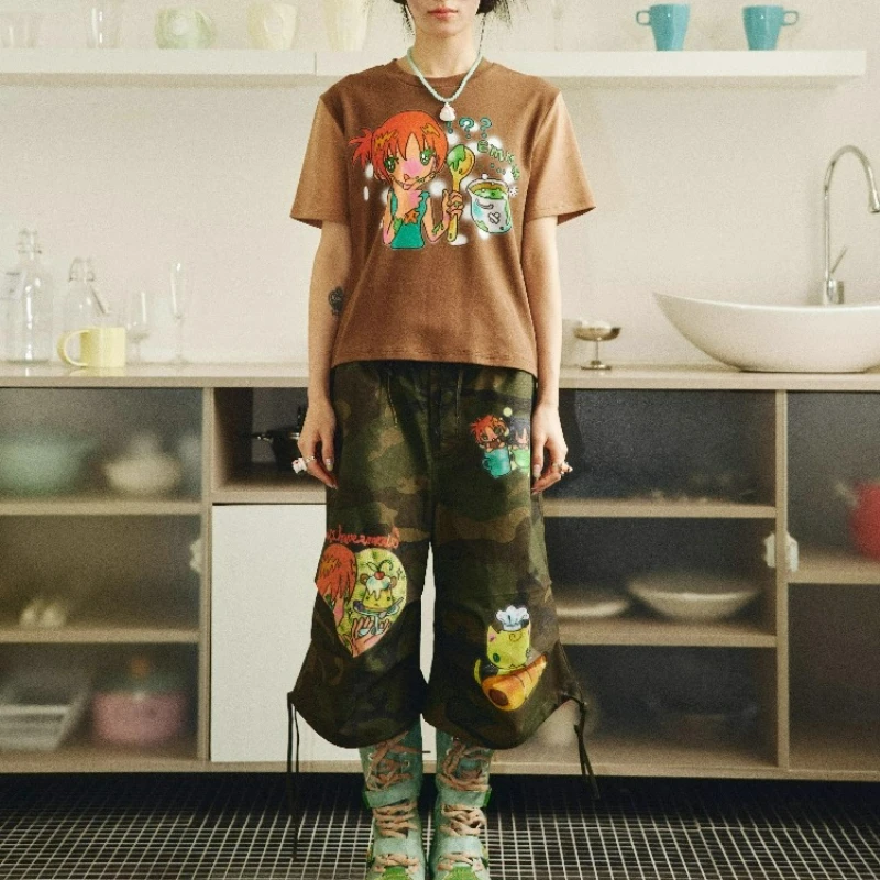 Summer Original Design New Women's Trousers Sweet Cool Cartoon Printing Camouflage Overalls Loose Thin Versatile Capris Ladies
