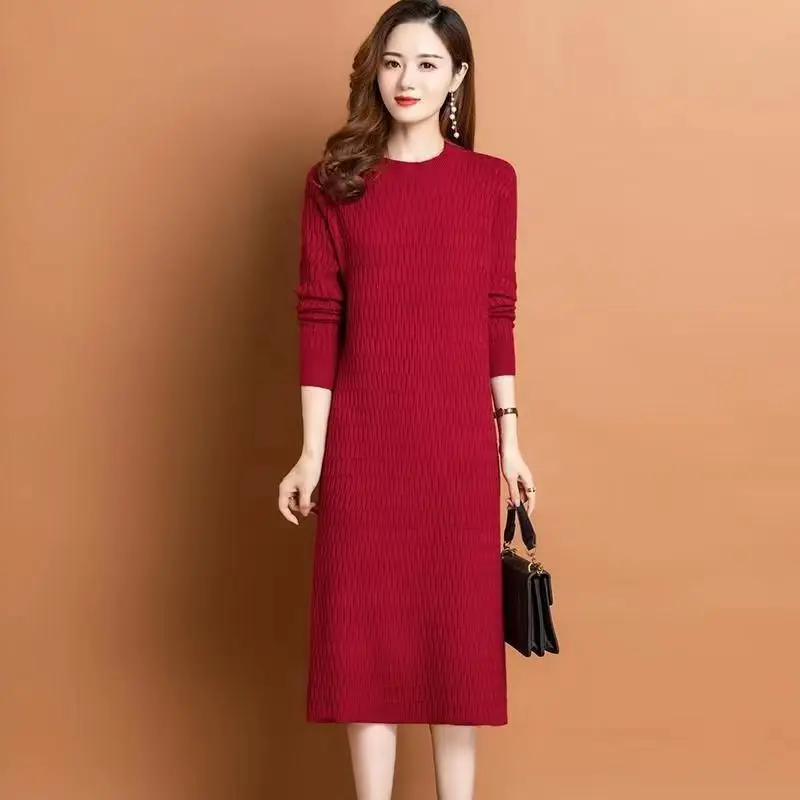 New Fashion Knitwears Sweater For Women\'s Loose Autumn Winter Bottom Dress Round Neck Knit Long Sleeve Pull Femme Dresses 4XL