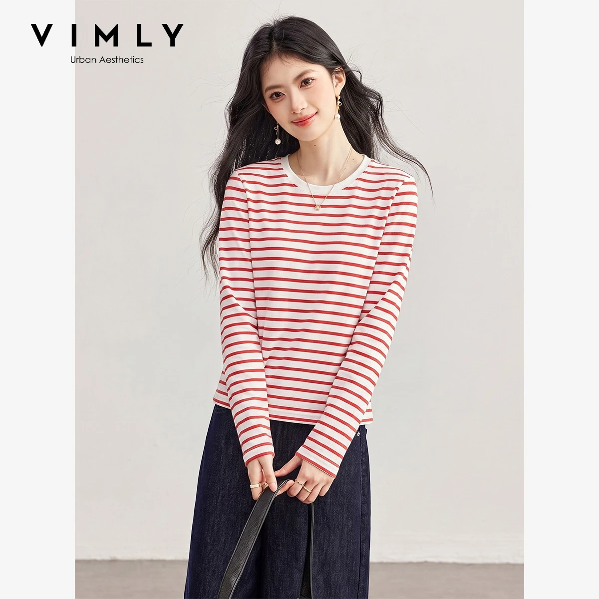 VIMLY Women's Striped T-shirt 2026 Fall Vintage Color Contrast Long Sleeve Tees Loose-fit Casual Round Neck Basic Tops A7281