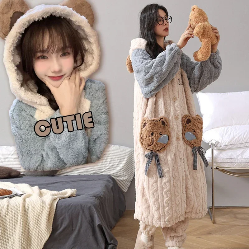 Lovely Bear Pocket Winter Pajamas Robe Pants For Women Warm Fluffy Comfy Homewear Sleepwear Bath Robe Lounge Christmas Pajama