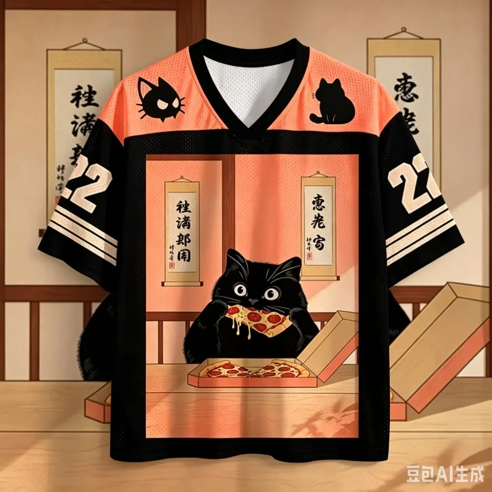 Black Cat Pizza Pattern 3D Print Sport Quickdry Breath Men V-neck Plus-sizeT-Shirt Outdoor Street Casual  Y2K Parent-Child Cloth