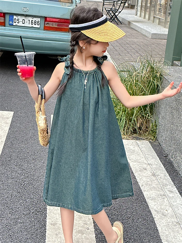 

New Summer Girls Denim Dresses Holiday Suspender Thin Jeans Dresses For Girl Teenage Kids Sundress Fashion Clothing 2024