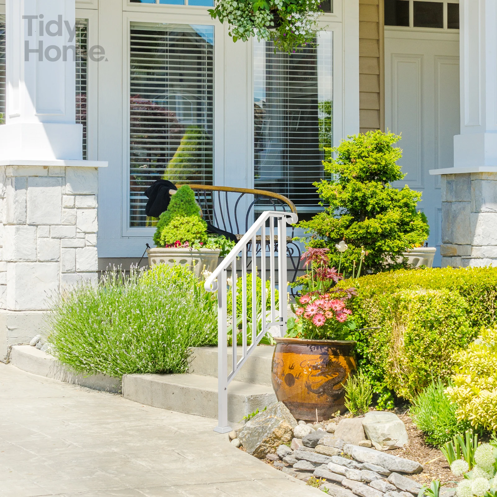 

Handrails for Outdoor Steps, Iron Handrail Fits 2 Step, Transitional Handrail with Installation Kit, White