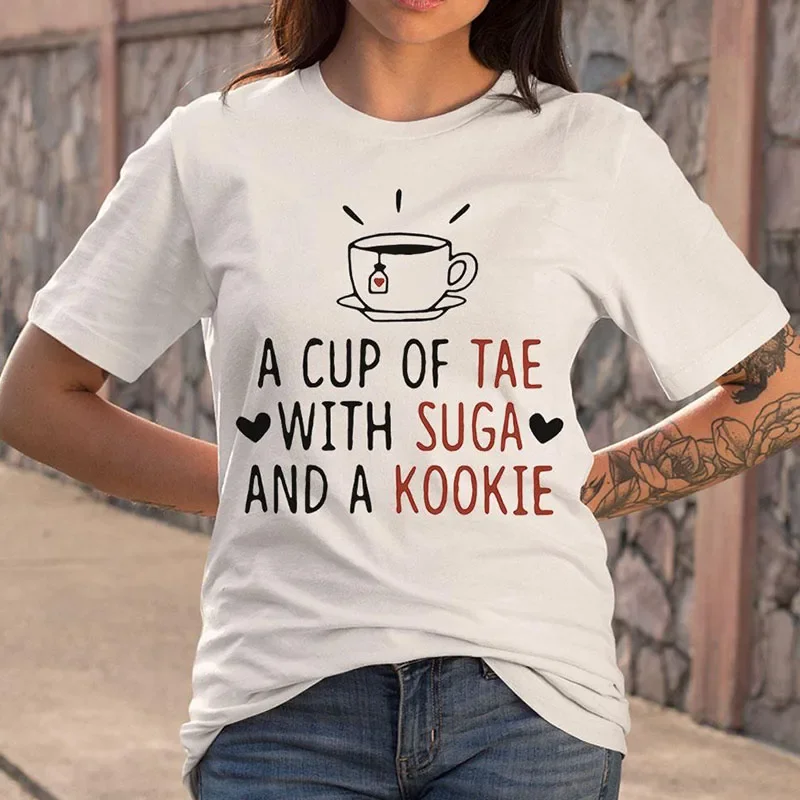 Y2k Aesthetic Summer T-shirt A Cup of Tae with Suga and A Kookie Funny Women Short Sleeve  White Vintage Tops Harajuku Tees