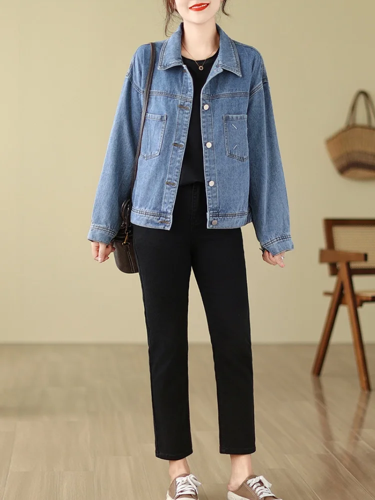 슬림하고 시원한 캐주얼 봄 가을 데님 재킷 여성 프린트 심플 패셔너블 출퇴근용 긴 소매 칼라 코트