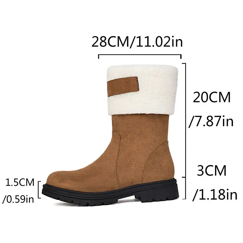 REAVE CAT Leisure Women Mid Calf Boots Round Toe Flats Flock Suede Zipper Mixed Color Plus Size 46 47 48 Warm Winter Snow Bota