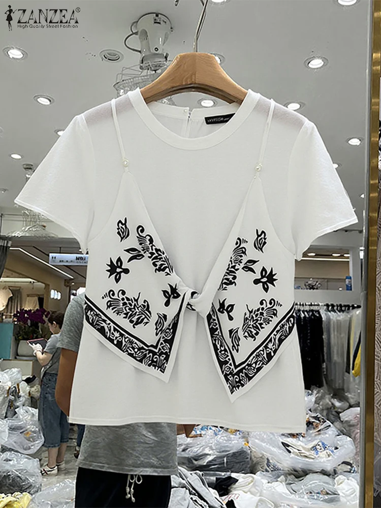 

ZANZEA 2025 Patchwork Blouse Women Casual Loose Tops Fake 2-piece Short Sleeve Pullover Summer Blusas Oversized O Neck Tunic