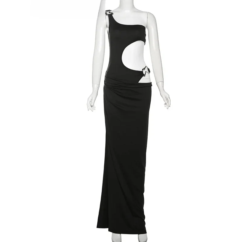 JINIA Edgy Metal Buckle Dress One Shoulder Hollow Split Ruched Club Bodycon