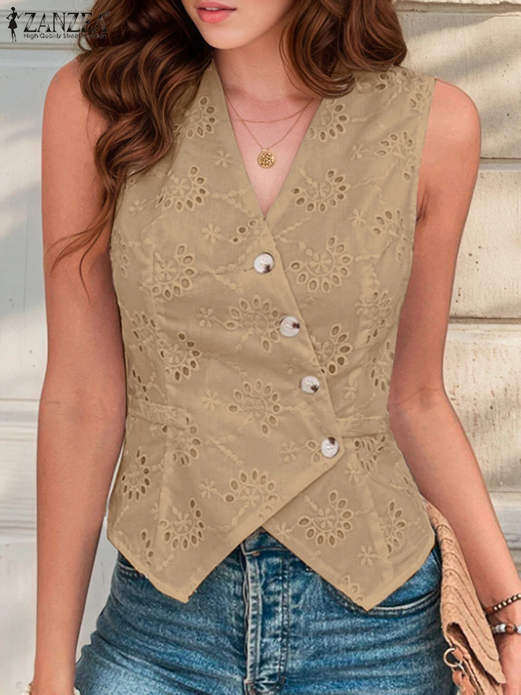 

ZANZEA Asymmetric Front V-Neck Sleeveless Shirts 2025 Summer Lace Openwork Embroidery Office Vests Tops Woman Fashion Waistcoats
