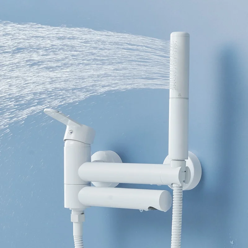 White Bathroom Shower Shower Set Brass Wall Mounted Handheld Hot&Cold Faucet Bathtub Swivel Spout  Tap Double Hole