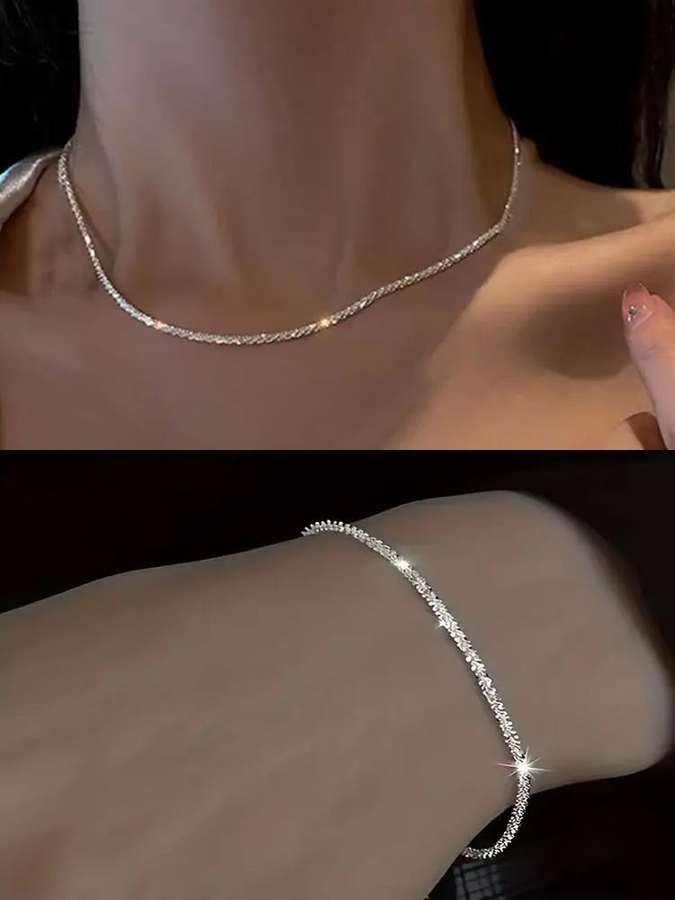 2 pçs conjunto brilhante espumante prata banhado clavícula corrente colar pulseira conjunto de jóias