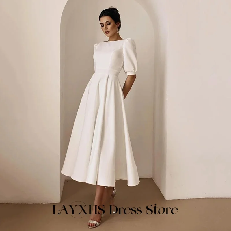 LAYXHS-vestidos de Noche sencillos, corte en A, cuello redondo, media manga, botones, espalda descubierta, vestidos de graduación plisados, batas de fiesta personalizadas