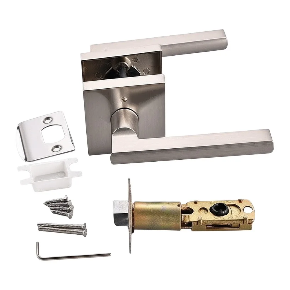 Brushed Silver Zinc Alloy Square Door Lever Set Privacy Handle With Adjustable Latch For Modern Interior Home Improvement