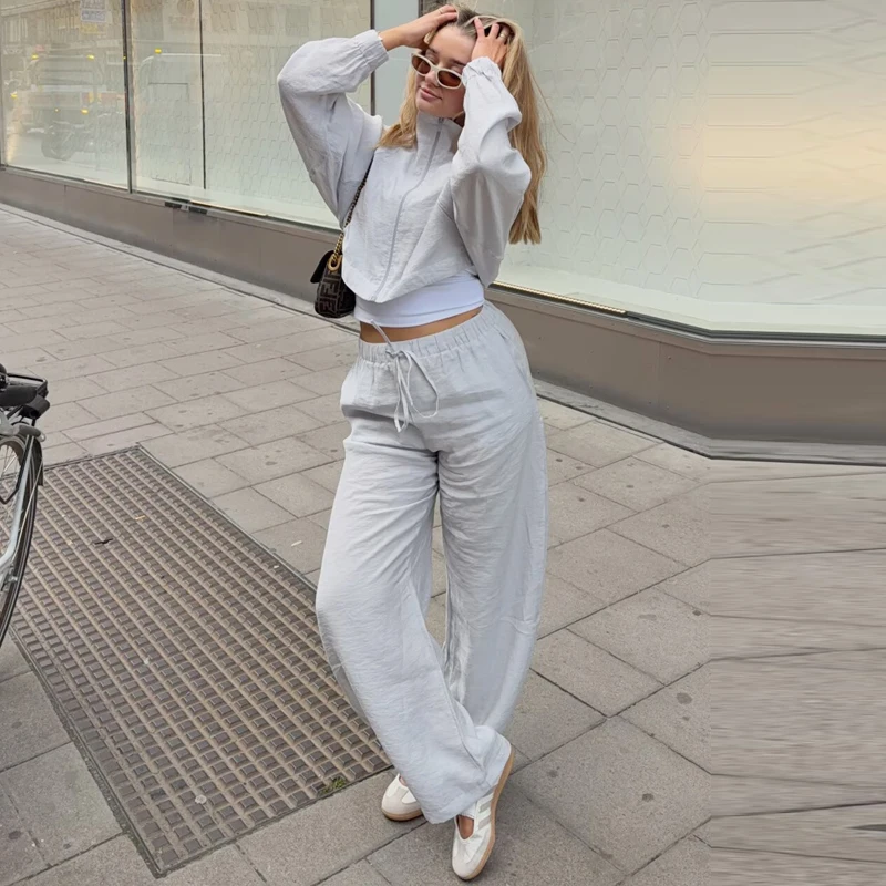 HXAO Übergroße Hosen-Sets Sommer Damenanzug Crop Loose Langarm-Oberteil 2-teiliges Set Weite Schnürhose Urlaubsoutfit Damen – Detail 13