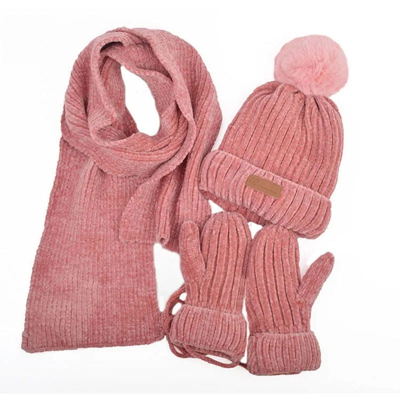 Three-piece Knitted Hats Scarf Gloves Set Children Hat PomPom Autumn Winter Warm Mittens Boy Caps Beanies Fashion Sets Kids Caps