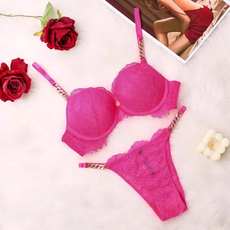 

Female Push Up Underwear Sexy Lace Padded Brassiere Fashion Rhinestone Lingerie Wedding Underwire Bra and Thong Sets for Women