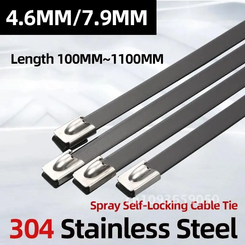 100pcs Stainless Fully 304 Cable Ties 4.6MM 7.9MM Steel Metal Customizable BLACK 100-1100mm Ties Width Sprayed Self-locking