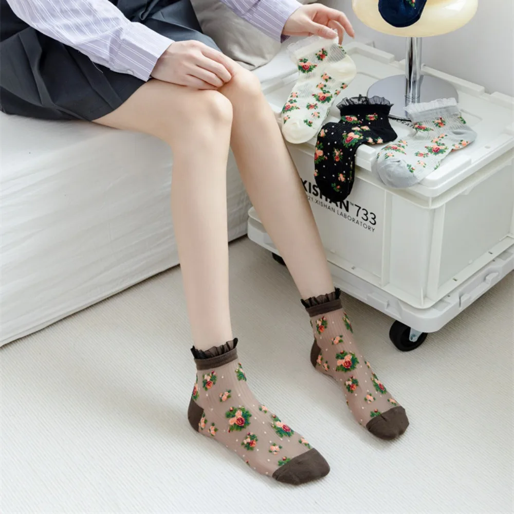 Floral Element Crystal Silk Socks Anti-Friction Foot Ultra-thin Transparent Ankle Socks Sweat Absorbing Mid-tube