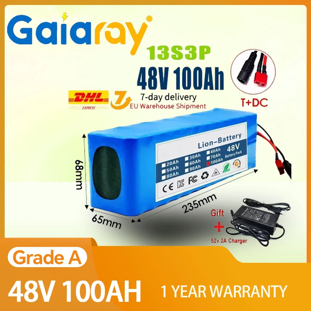 Gaiaray 2025 New 48V 100Ah 2000W 13S3P DC/T Lithium Ion Battery Pack Suitable for 48V motors with BMS+54.6V Charger