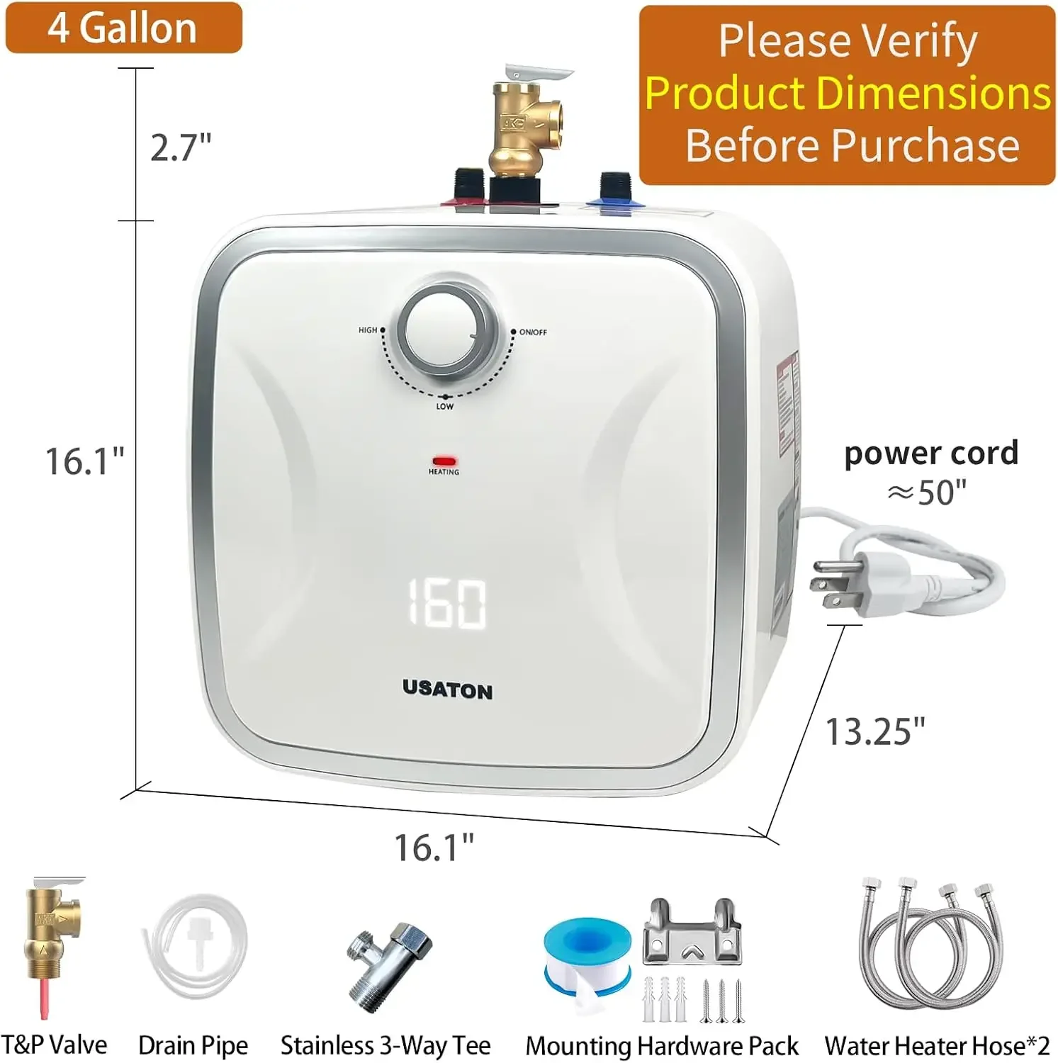 4 Gallon Hot Water Heater Electric - Compact Under Sink Instant Portable Mini Small Tank Hot Water with LED Display for Point of
