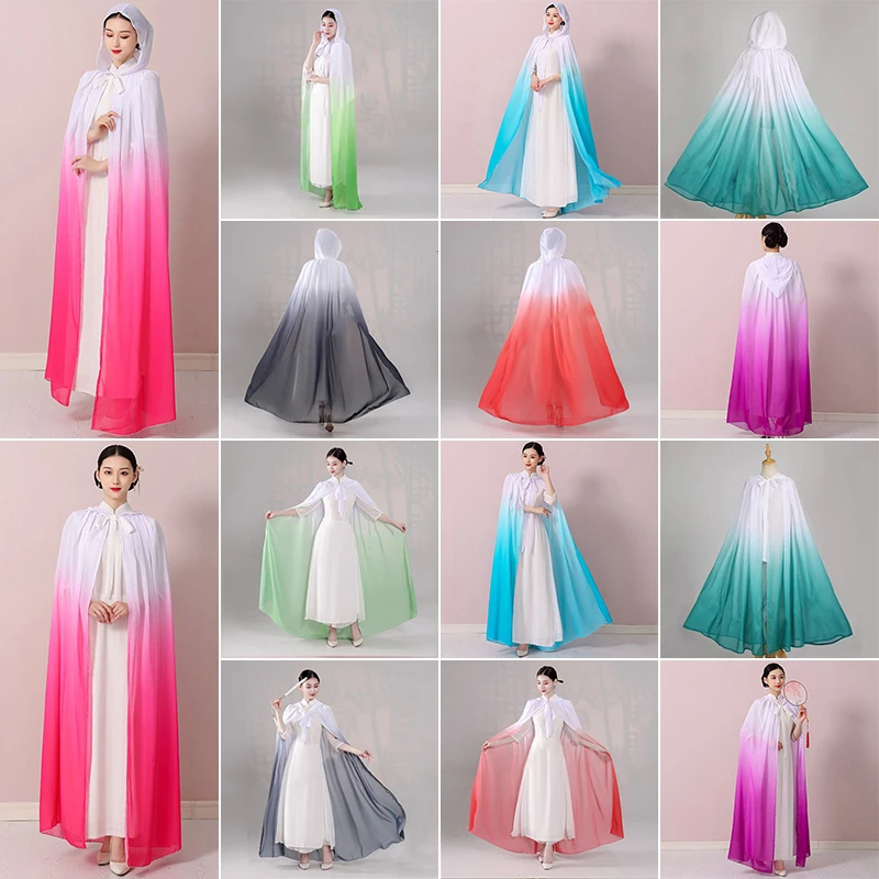 Chinese Traditional Hanfu Cloak Gradient Color Chiffon Martial Art Hanfu Travel Photo Shawl Hooded Cape Carnival Cosplay Costume