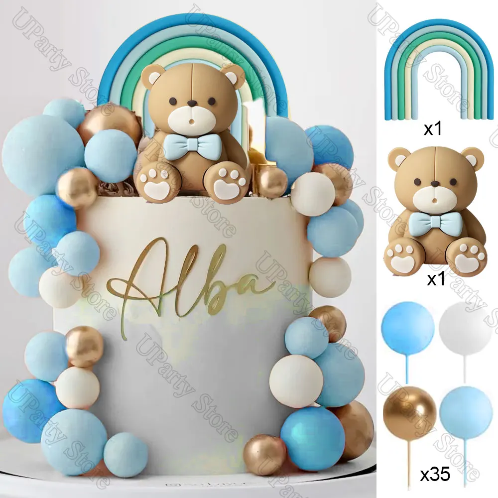 1 zestaw różowych niedźwiedzi na tort Boho Rainbow Nude Baby Pink Balls Dekoracje na tort na urodziny Chrzest Baby Shower Party Favor