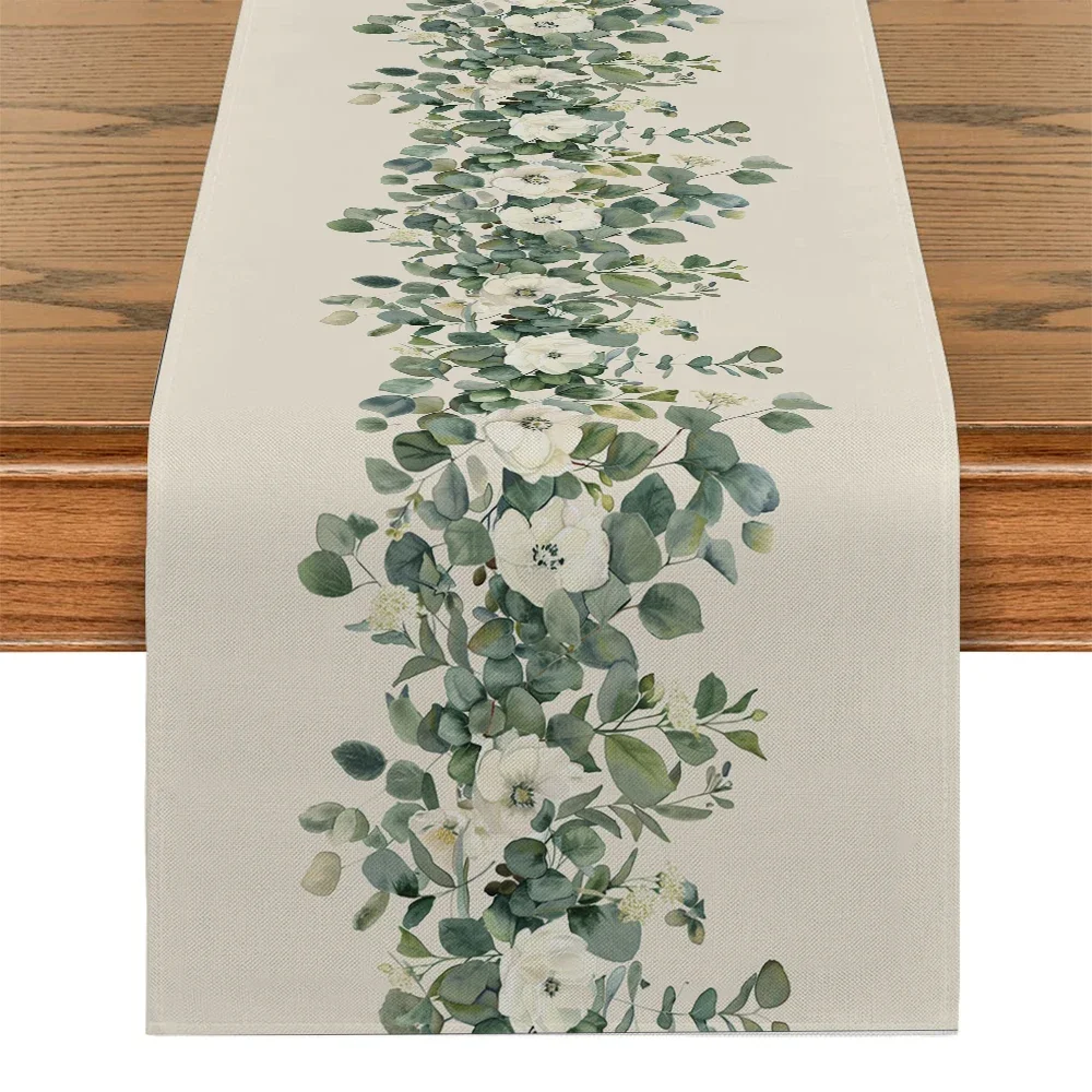 Plant and Flower Table Runner Dining Table Decoration Kitchen Supplies Watercolor Eucalyptus Table Runner Party Decoration