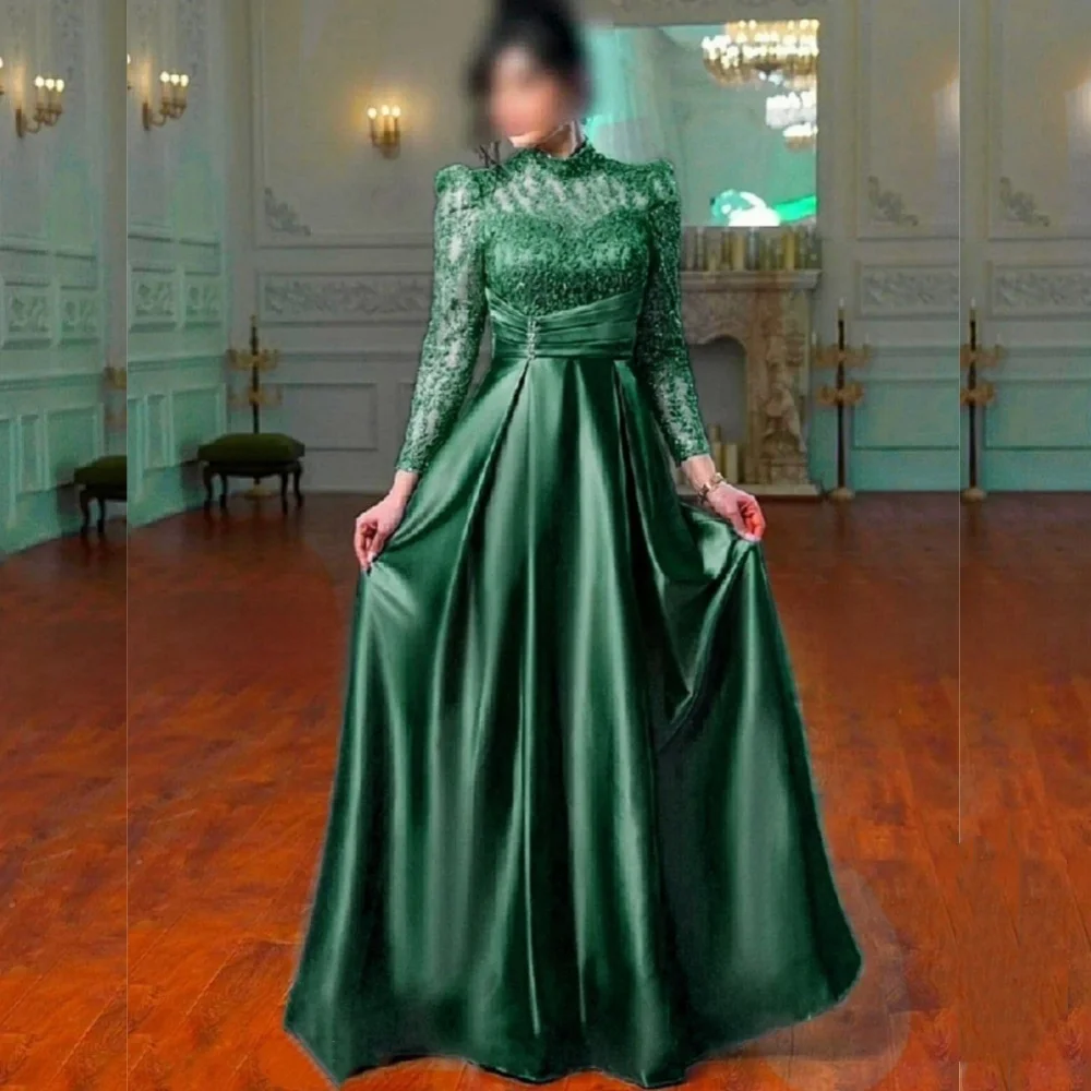 

Customized Elegant Exquisite Charmeuse Sequined Pleat A-line High Collar Long Dresses Bespoke Occasion Sexy
