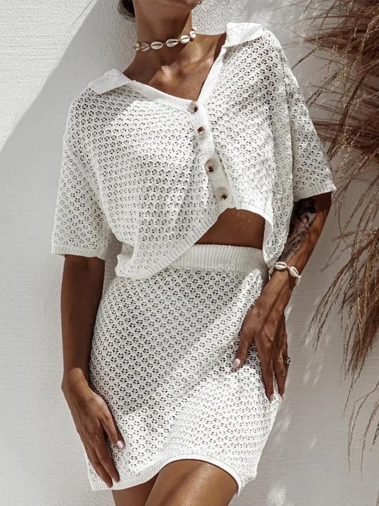 Women's Summer Knited 2 Two Pieces Sets Suit Hollow Out Short Sleeve Single Breasted Tops And Mini Skirt Beach Holiday