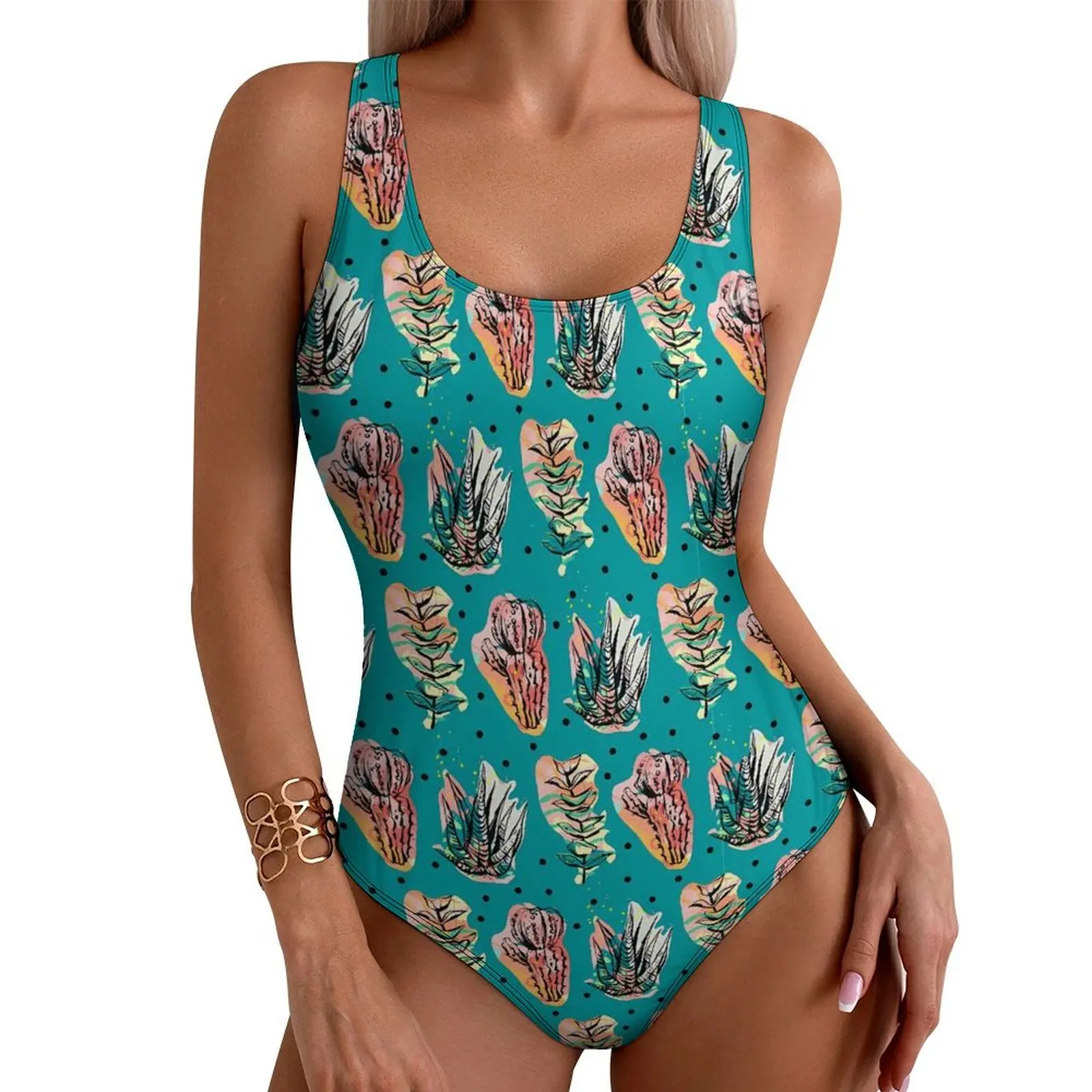 Abstract Cactus Swimsuit Sexy Dots Print Women Swimwear One Piece Novelty Swimsuits Holiday Pool Push Up Backless Beachwear